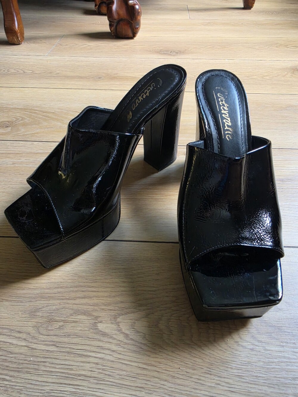 L'Intervalle Denila Black Patent High Heel Platform Mule Sandals Size 9